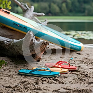 a pair of flip flops and a surfboard on the beach