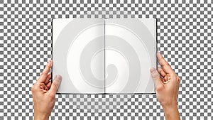 Hands holding open book with blank pages