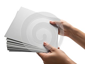 A pair of hands holding a stack of white printer paper against a white background