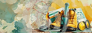 The image shows a pair of hiking boots, a map, and a compass