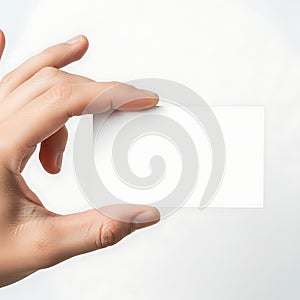 A hand holding a small white rectangular object against a plain background