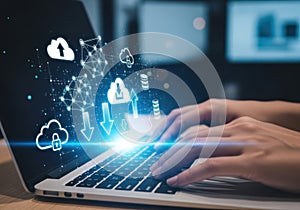 Interactive cloud computing interface on a laptop in a professional office setting