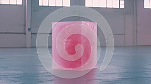 Pink cube in a warehouse.