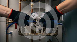 plumber fixing pipes with wrench and blue hose