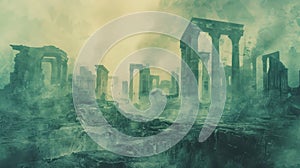 The image shows a post-apocalyptic city with ruined buildings and a green mist covering the scene