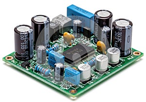Electronic circuit board with multiple capacitors and a central microcontroller chip