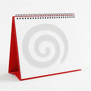 Red adjustable standing desk with empty surface and cable management system