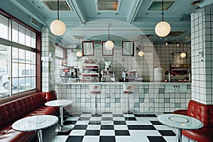 The image shows a retro-style diner with a blue and white checkered floor, red leather booths, and a counter with a white marble