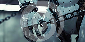 The image shows a robot restrained by chains, representing limitations in AI control and technology AIG62
