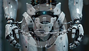 The image shows a robot restrained by chains, representing limitations in AI control and technology AIG62