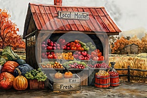 The image shows a rustic farm stand offering a colorful bounty of fresh produce with a \