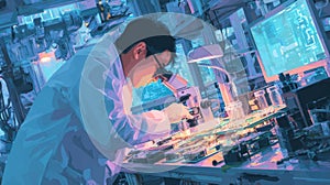 scientist examining circuit board lab