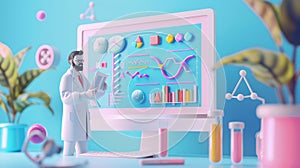 The image shows a scientist wearing a lab coat and standing in front of a computer screen