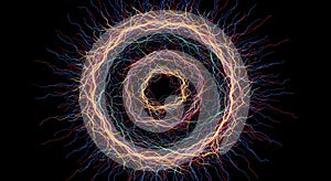 Abstract concentric circles with lightning-like tendrils on black background photo