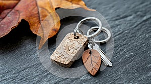 Keychain with a leaf and key.
