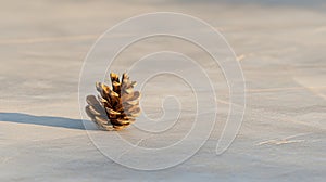 A single pine cone rests on a light beige surface.