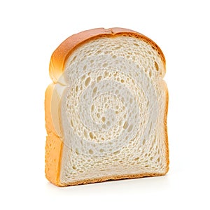 A single slice of white bread with a soft crust on a white background