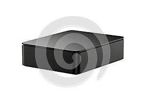 Minimalist black rectangular electronic device on a white background