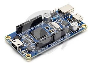 Compact development board with microcontroller and multiple connectivity interfaces