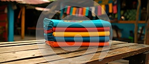 A stack of colorful blankets.