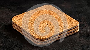 Three stacked cork coasters on a black surface.