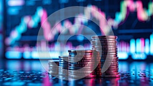 Stacks of Coins with Financial Chart Background