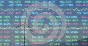 The image shows a stock market display with red, blue, and green stock market tickers and graphs