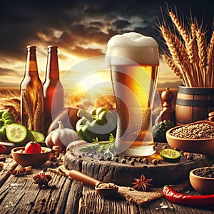 The image shows a tall glass of beer on a wooden table surrounded by various foods and spices. The backdrop is a