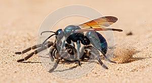 tarantula hawk wasp paralyzing a tarantula photo