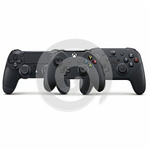 Three black gaming controllers aligned side by side for console use isolated on white background