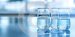 Glass Beakers with Blue Liquid in Laboratory Setting