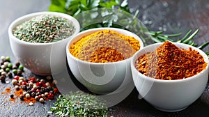 Spices and Herbs in White Bowls on Dark Surface with Turmeric, Paprika, and Oregano