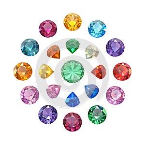 Colorful 3 D Gem Icons Isolated on White Background