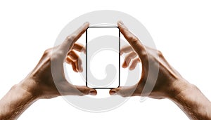 Hands holding smartphone frame outline demonstrating device size comparison against fingers for visual perspective
