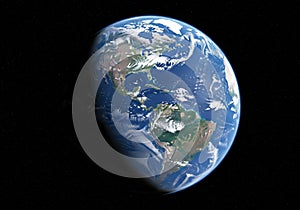 The image shows a view of Earth from space, featuring North and