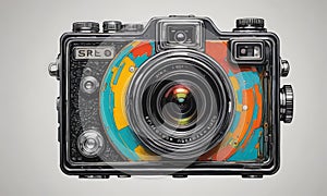 vintage SREL camera, with black body and colorful lens, is displayed against gray background.