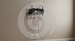tv mount installation on wall with exposed cables