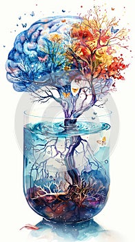 The image shows a watercolor painting of a brain-shaped tree with roots extending into the water below