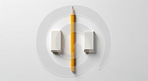 pencil and erasers on white surface, top view