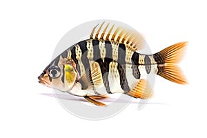 Image of siamese tigerfish on a white background. Underwater animals. Fishs. Illustration. Generative AI