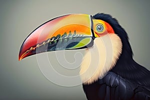 Image of side view of a toucan bird with a large and colorful beak.. Bird. illustration. Generative AI