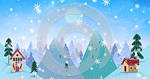 Image of silhouette of winter christmas scenery with snow falling and full moon seen