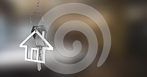 Image of silver house keys and house shaped key fob hanging over out of focus background 4k