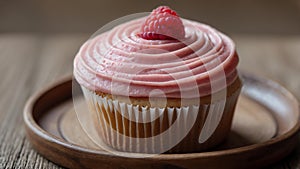 an image of a single perfectly frosted raspberry cupc ai generated
