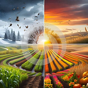 image of a single photo with four frames depicting winter, spring, summer and autumn seasons.