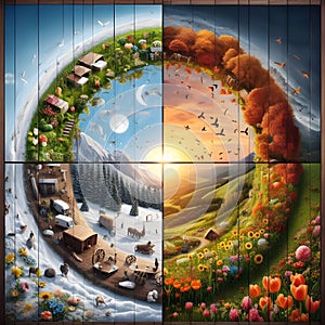 image of a single photo with four frames depicting winter, spring, summer and autumn seasons.