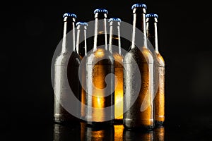 Image of six beer bottles with blue crown caps, with copy space on black background