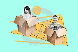 Image sketch artwork collage of man use smartphone to send girl package with some stuff delivery advertisement isolated