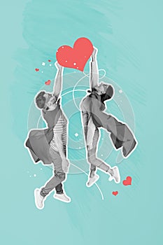 Image sketch collage of funny fantasy characters fly air hands hold heart shape  on blue drawing background