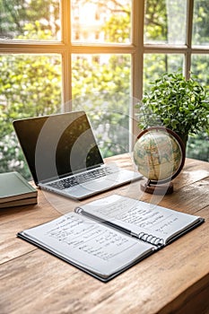 Exploring the Future of Education Technology with Laptops and Notebooks on a Wooden Table photo